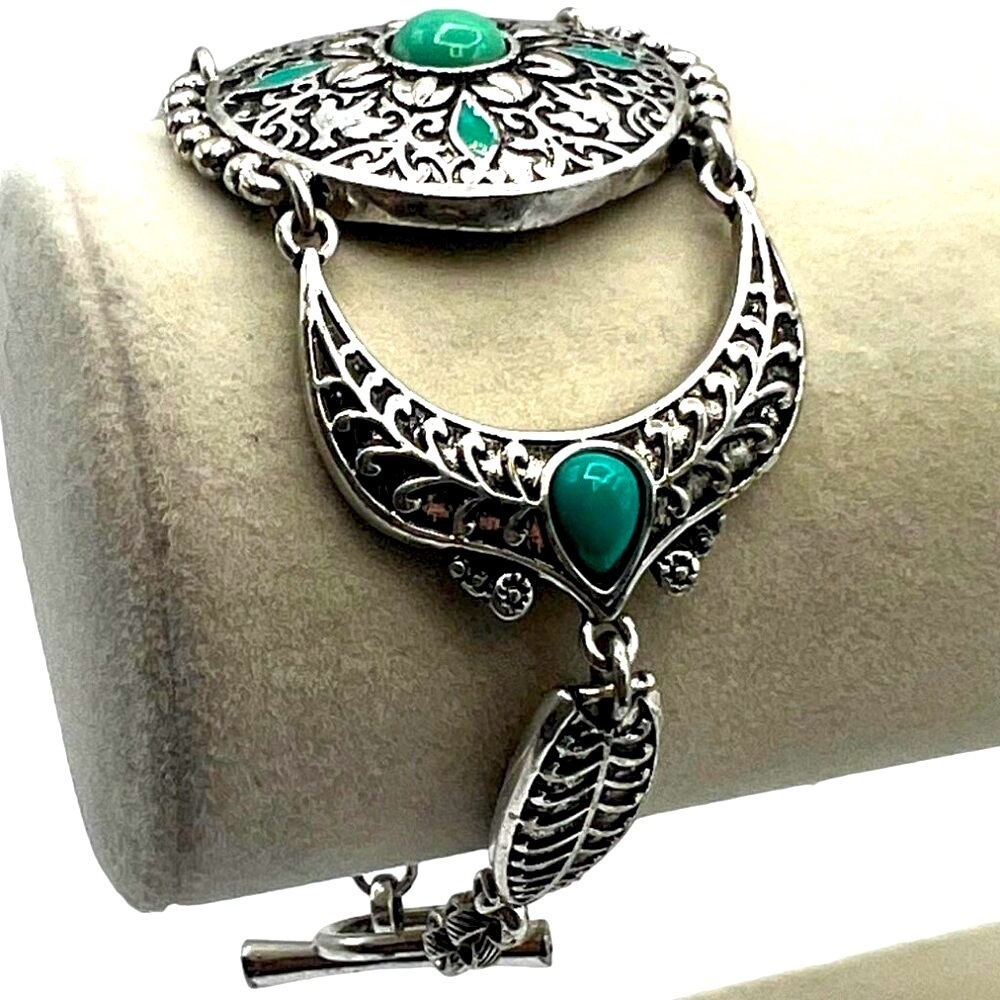 Silver Tone & Faux Turquoise Floral Filigree Bracelet A21 - Picture 5 of 10